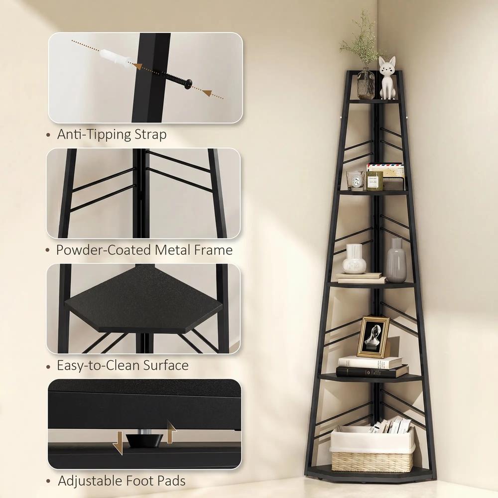 HOMCOM Corner Bookcase, 5-Tier Floor Standing Bookshelf, Shelving Unit for Living Room, Study, Bedroom Additional View 17