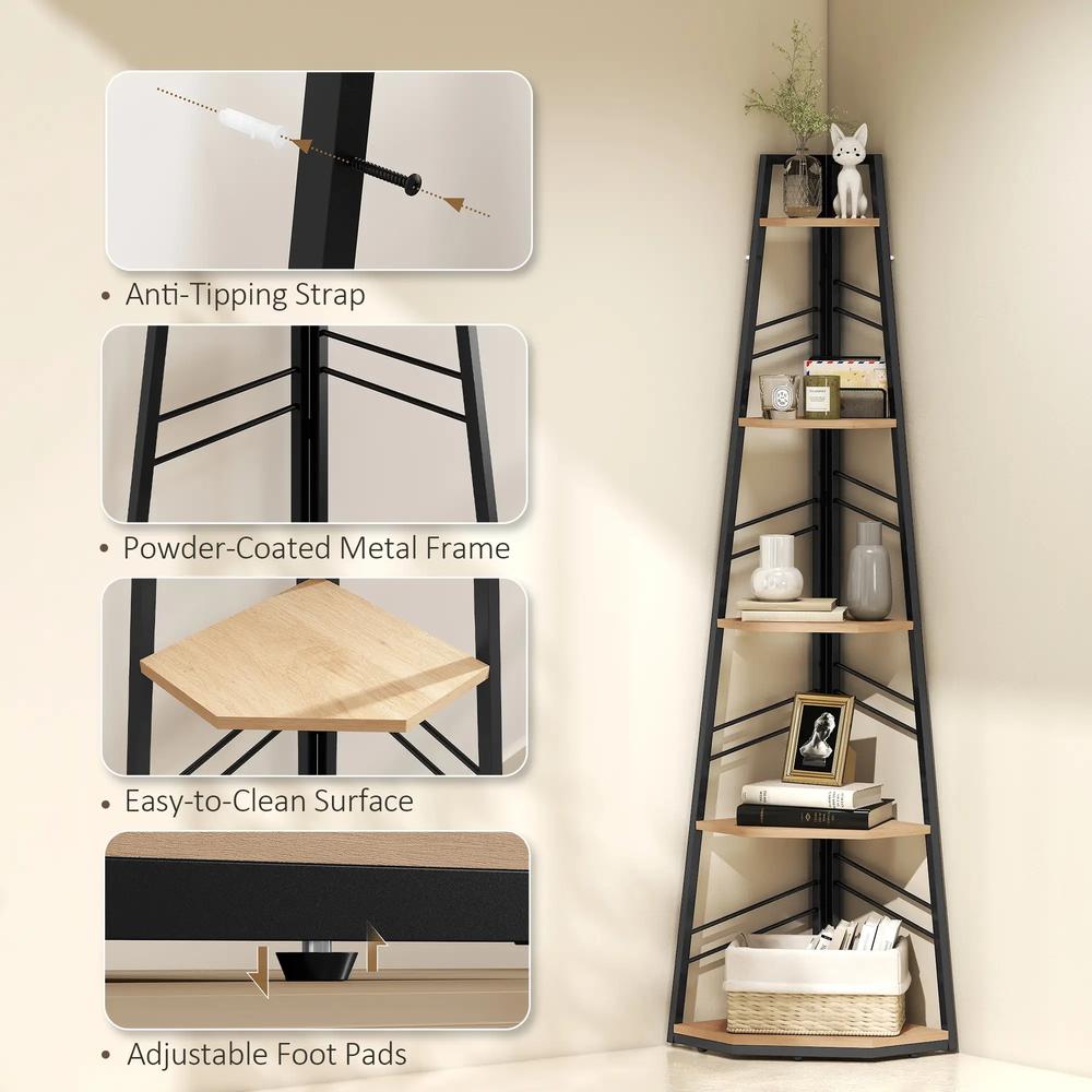 HOMCOM Corner Bookcase, 5-Tier Floor Standing Bookshelf, Shelving Unit for Living Room, Study, Bedroom Additional View 6