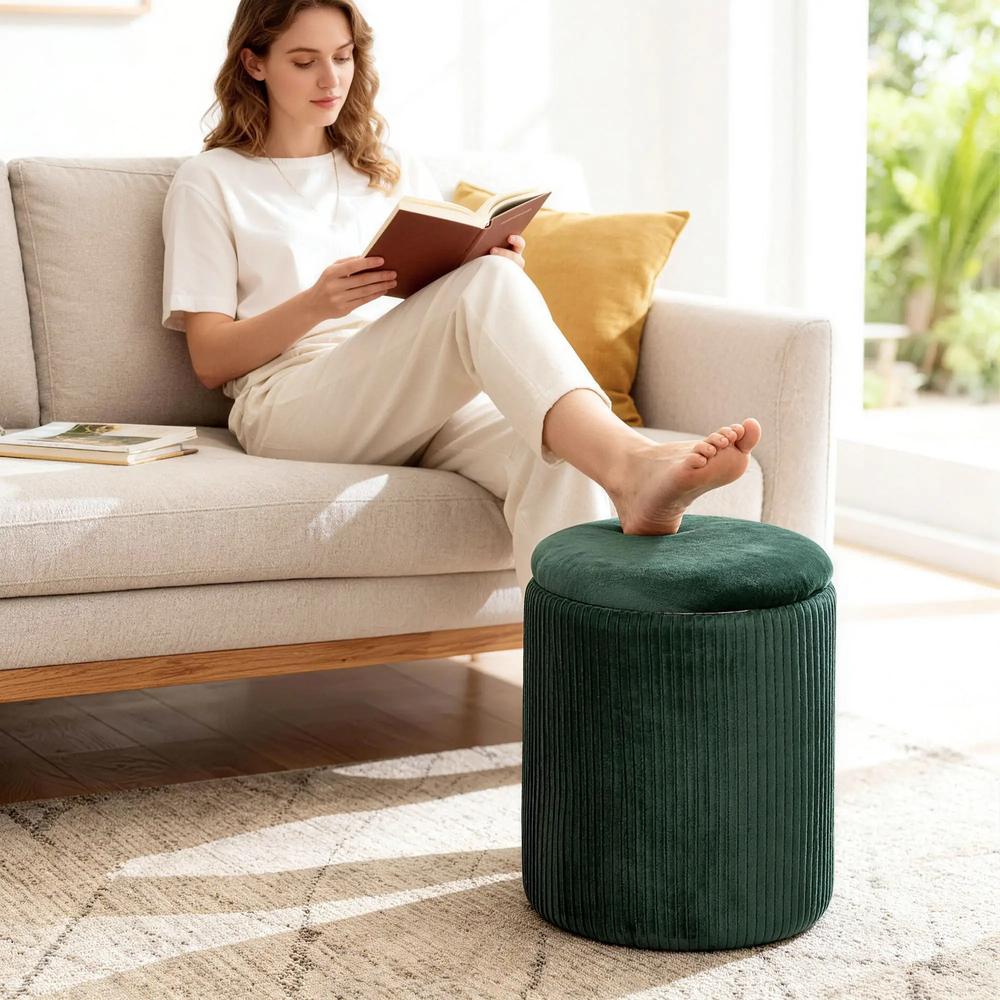 HOMCOM Storage Ottoman Modern Velvet Round Foot Stool for Living Room Bedroom 45 cm Blue Additional View 19