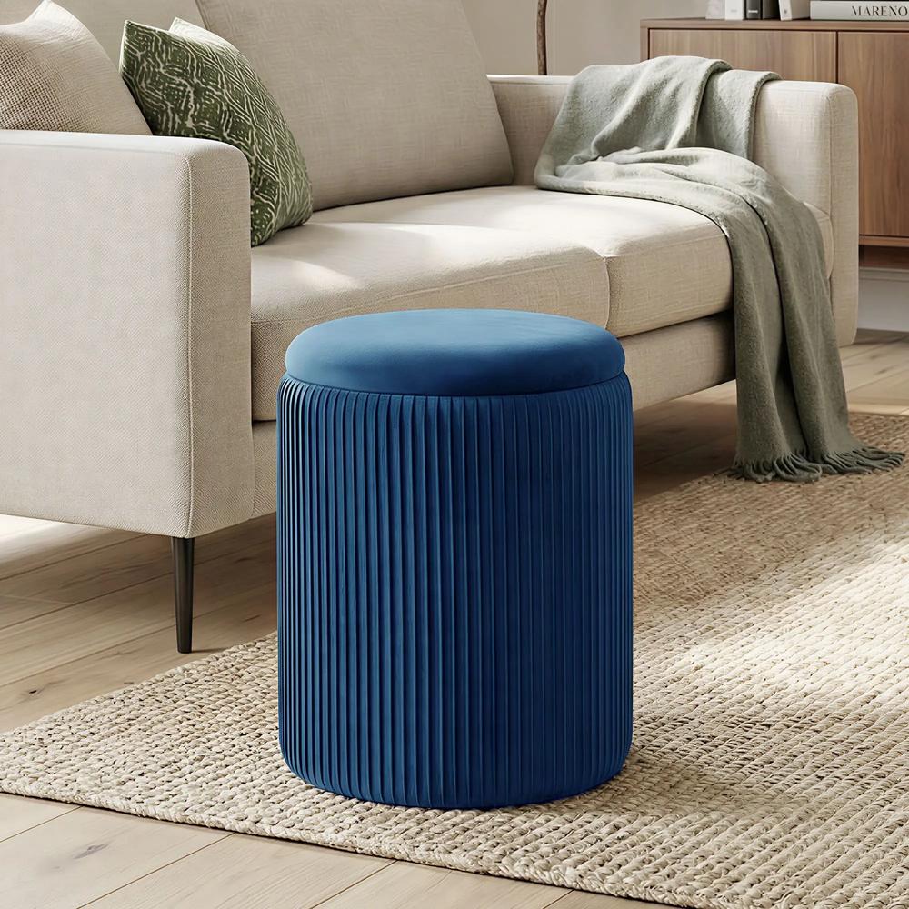 HOMCOM Storage Ottoman Modern Velvet Round Foot Stool for Living Room Bedroom 45 cm Blue Additional View 2