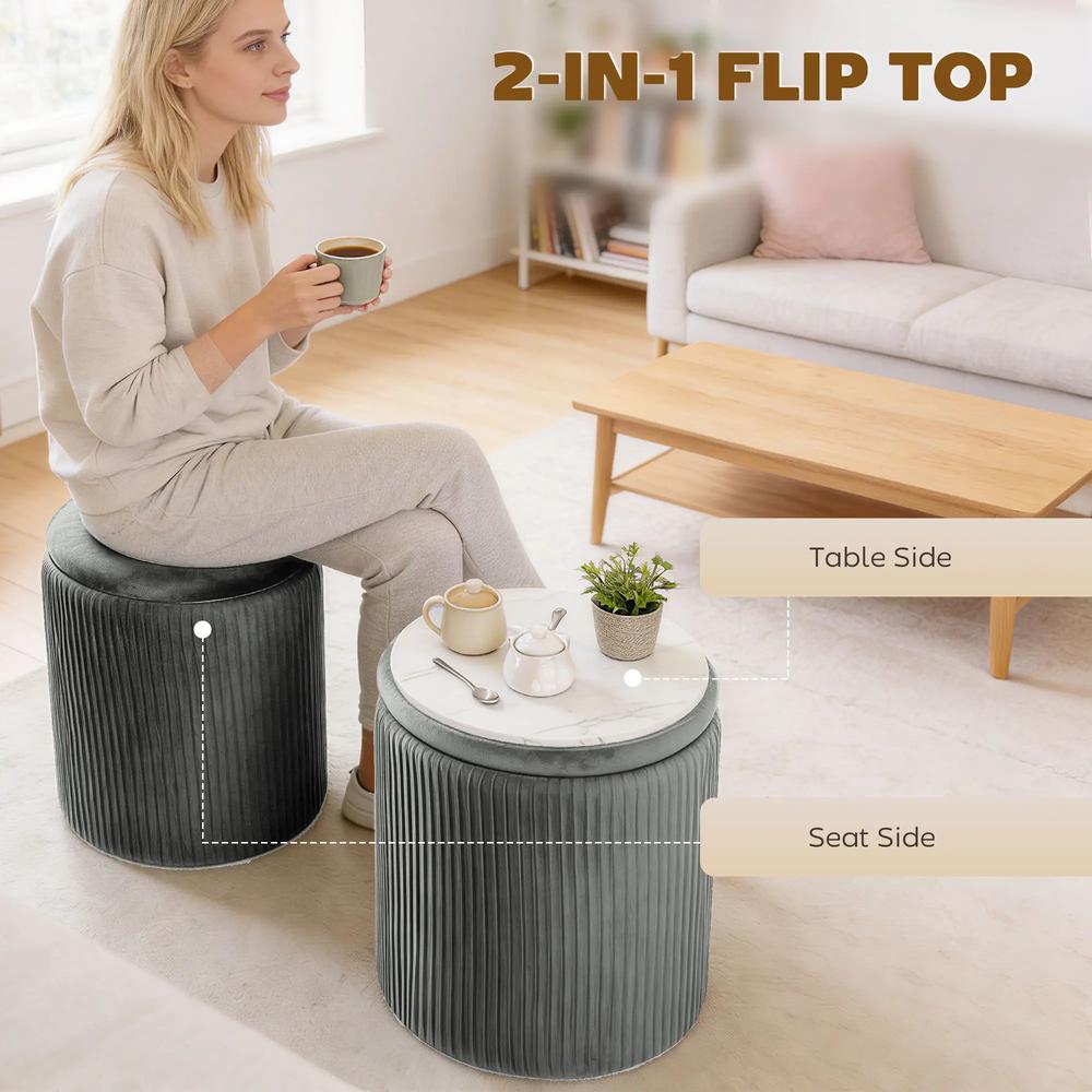 HOMCOM Storage Ottoman Modern Velvet Round Foot Stool for Living Room Bedroom 45 cm Blue Additional View 26