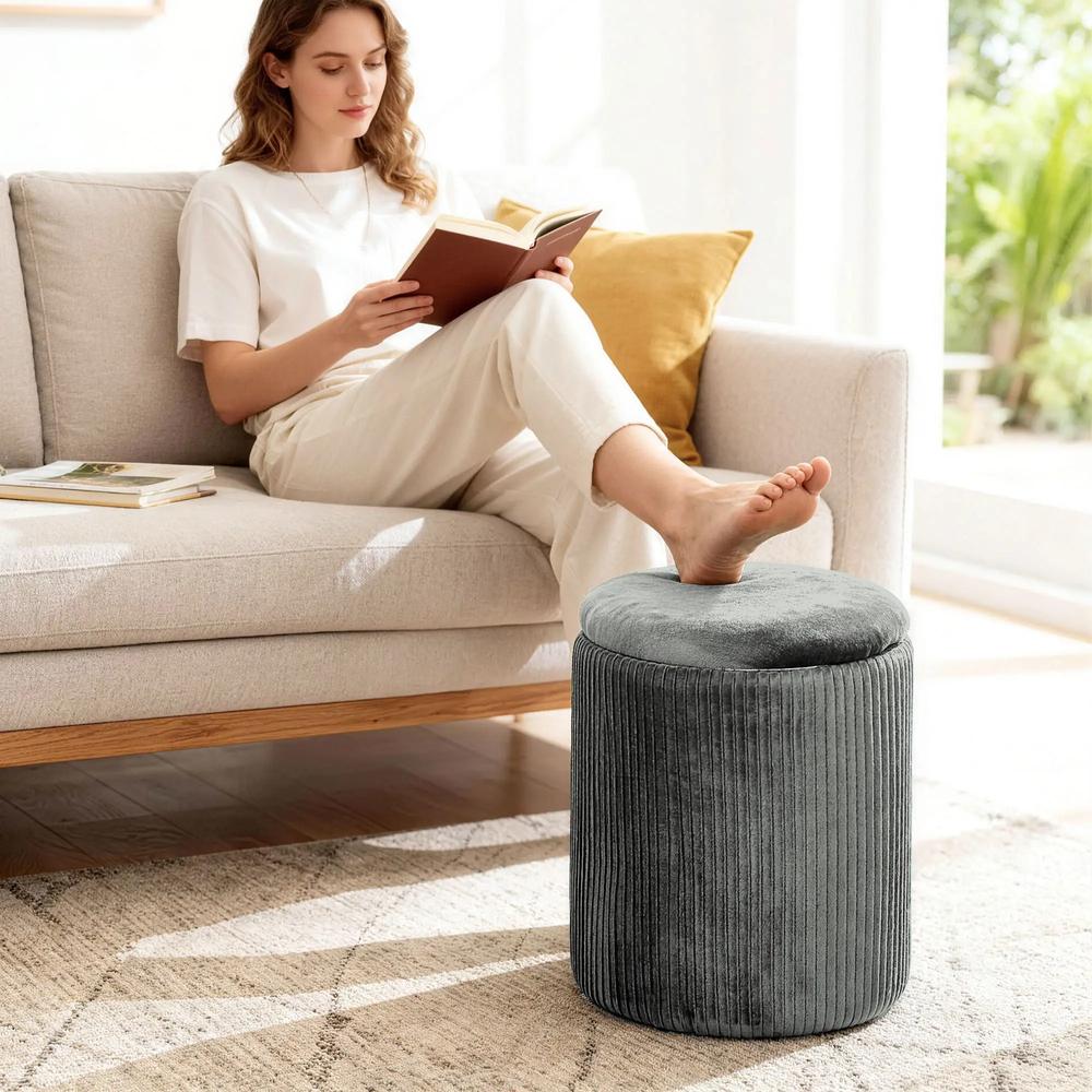 HOMCOM Storage Ottoman Modern Velvet Round Foot Stool for Living Room Bedroom 45 cm Blue Additional View 30