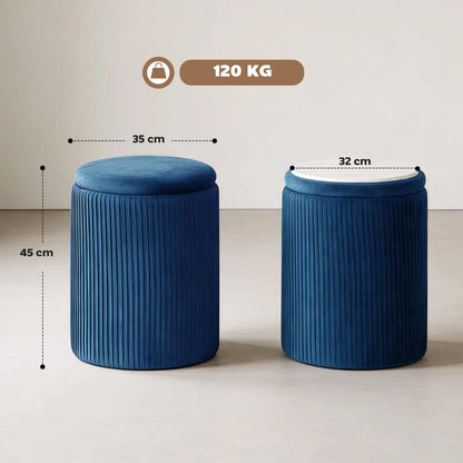 HOMCOM Storage Ottoman Modern Velvet Round Foot Stool for Living Room Bedroom 45 cm Blue Additional View 3
