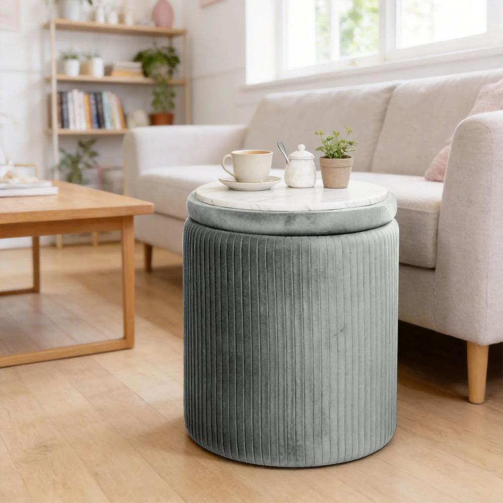 HOMCOM Storage Ottoman Modern Velvet Round Foot Stool for Living Room Bedroom 45 cm Blue Additional View 32
