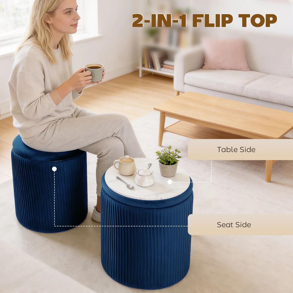 HOMCOM Storage Ottoman Modern Velvet Round Foot Stool for Living Room Bedroom 45 cm Blue Additional View 4