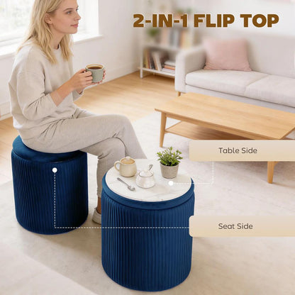 HOMCOM Storage Ottoman Modern Velvet Round Foot Stool for Living Room Bedroom 45 cm Blue Additional View 4