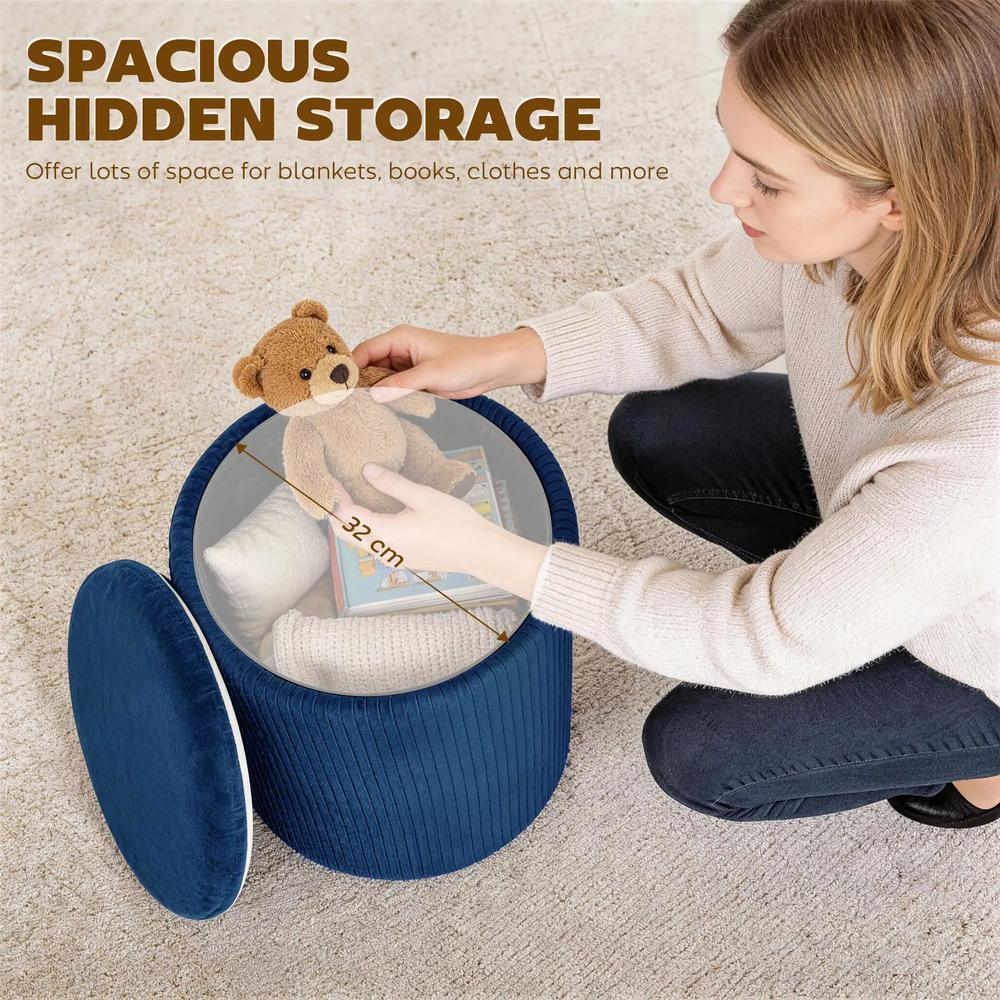 HOMCOM Storage Ottoman Modern Velvet Round Foot Stool for Living Room Bedroom 45 cm Blue Additional View 5