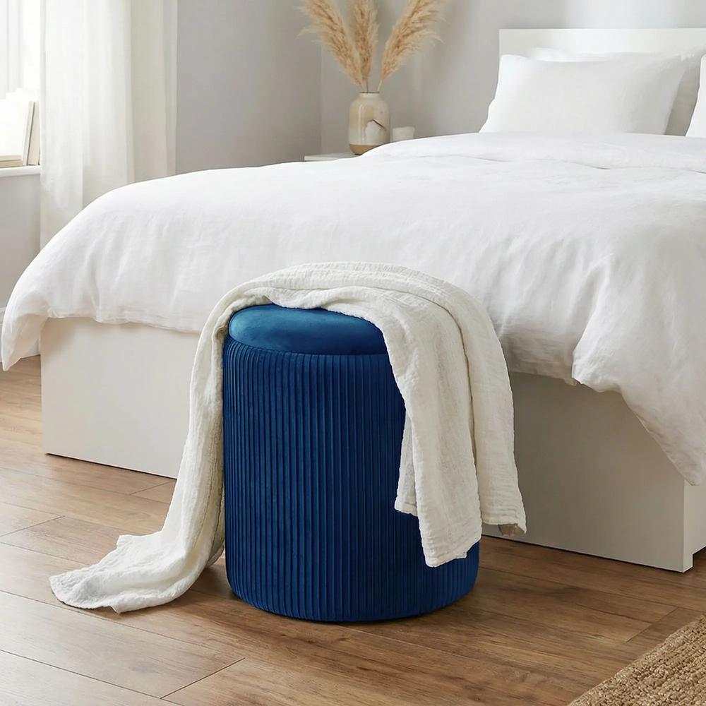 HOMCOM Storage Ottoman Modern Velvet Round Foot Stool for Living Room Bedroom 45 cm Blue Additional View 7