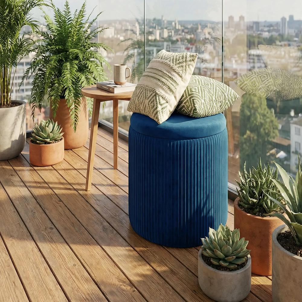 HOMCOM Storage Ottoman Modern Velvet Round Foot Stool for Living Room Bedroom 45 cm Blue Additional View 9