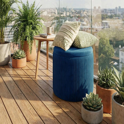 HOMCOM Storage Ottoman Modern Velvet Round Foot Stool for Living Room Bedroom 45 cm Blue Additional View 9