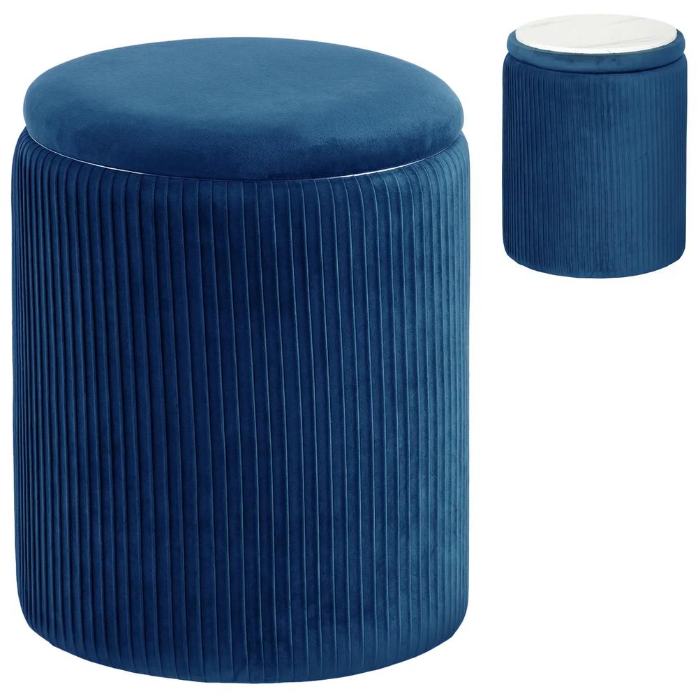 HOMCOM Storage Ottoman Modern Velvet Round Foot Stool for Living Room Bedroom 45 cm Blue