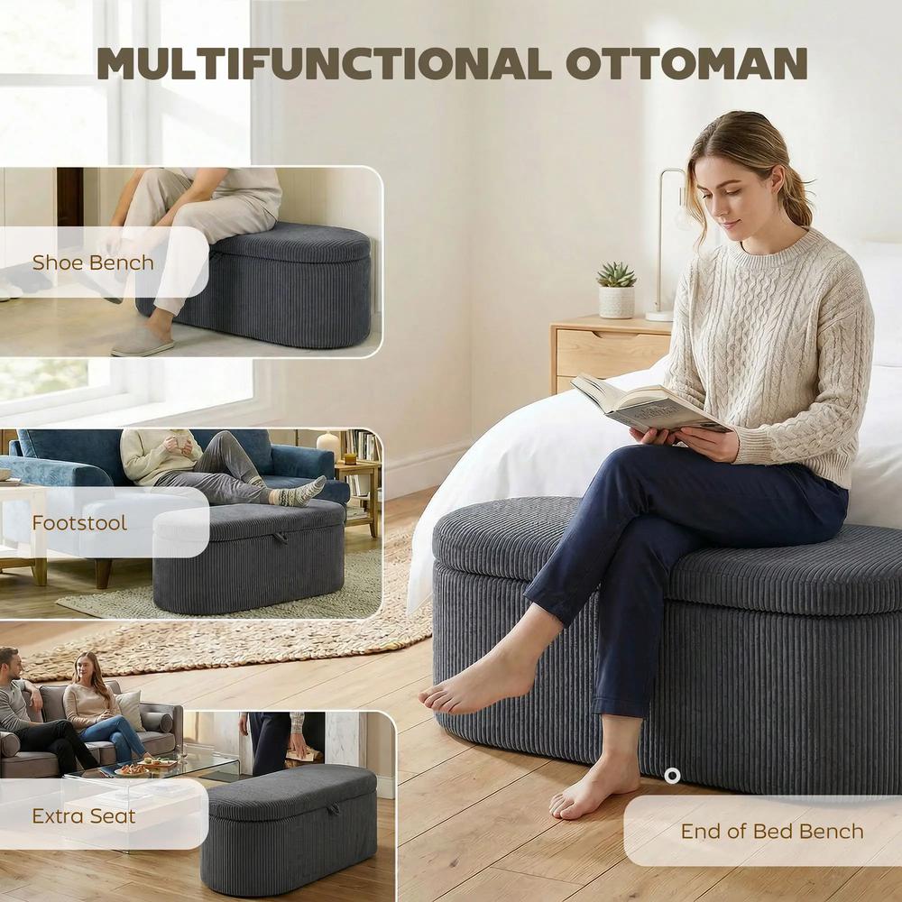 HOMCOM Storage Ottoman, Corduroy Upholstered Ottoman Storage Box with Padded Seat, 105 x 51 x 49 cm Additional View 18