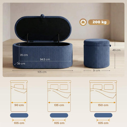 HOMCOM Storage Ottoman, Corduroy Upholstered Ottoman Storage Box with Padded Seat, 105 x 51 x 49 cm Additional View 3