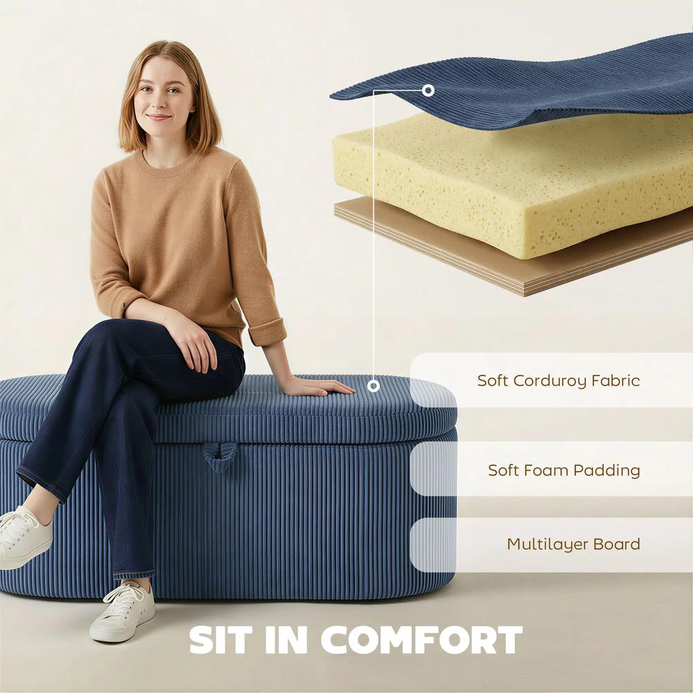 HOMCOM Storage Ottoman, Corduroy Upholstered Ottoman Storage Box with Padded Seat, 105 x 51 x 49 cm Additional View 5