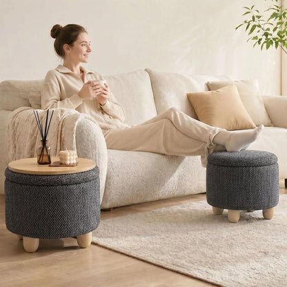HOMCOM Storage Sitting Bench with Lid, Round Storage Ottoman with Rubberwood Legs Additional View 9