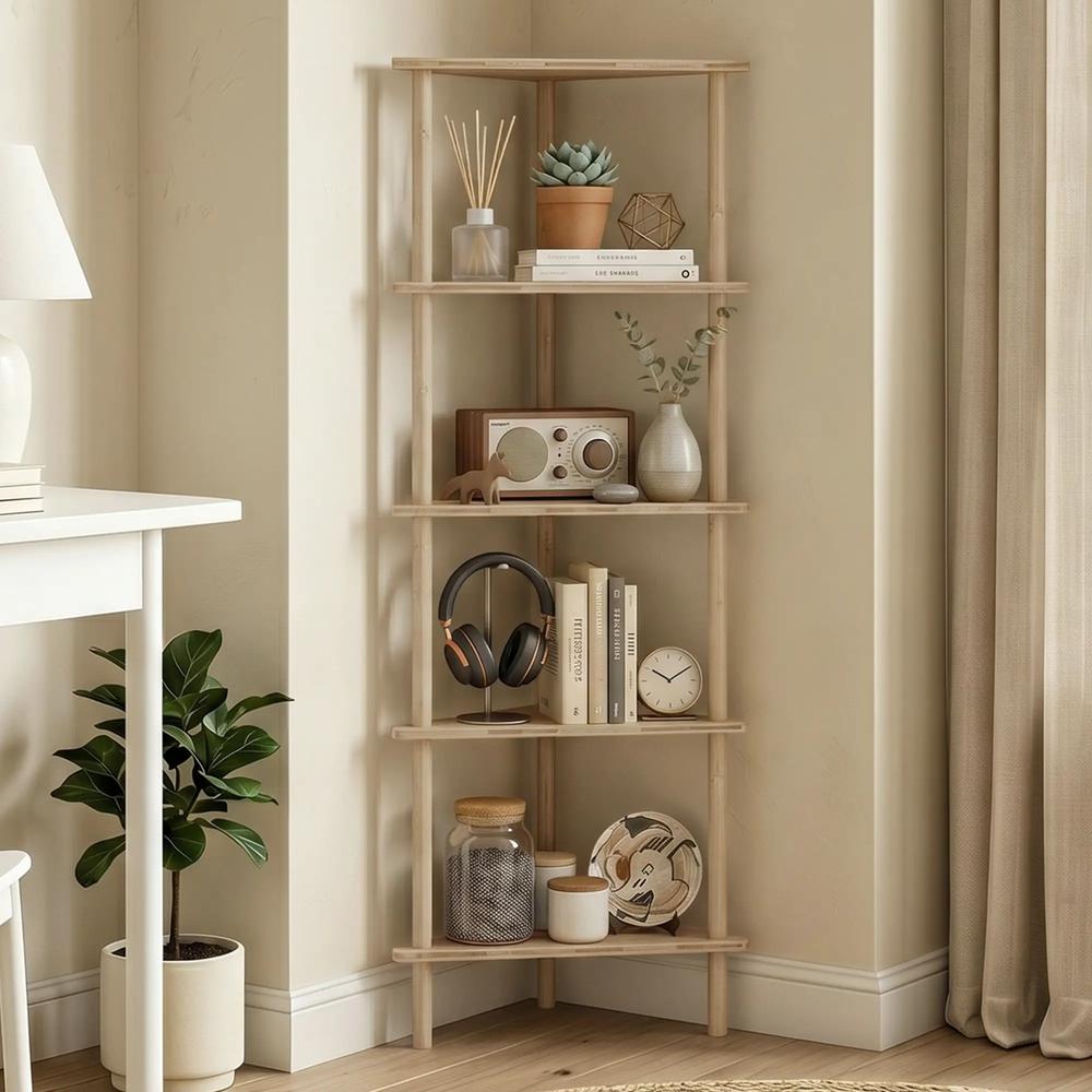 HOMCOM Bamboo Storage Shelf, 5-tier Corner Shelf, Freestanding Shelving Unit for Living Room, Home Office, Natural Wood Finish Additional View 14