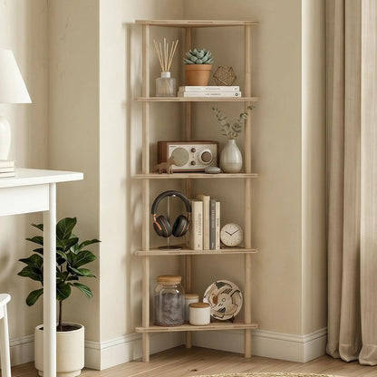 HOMCOM Bamboo Storage Shelf, 5-tier Corner Shelf, Freestanding Shelving Unit for Living Room, Home Office, Natural Wood Finish Additional View 14