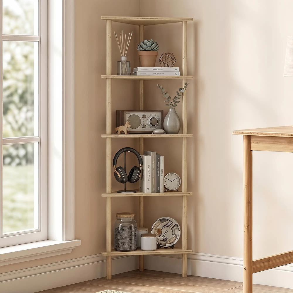 HOMCOM Bamboo Storage Shelf, 5-tier Corner Shelf, Freestanding Shelving Unit for Living Room, Home Office, Natural Wood Finish Additional View 2