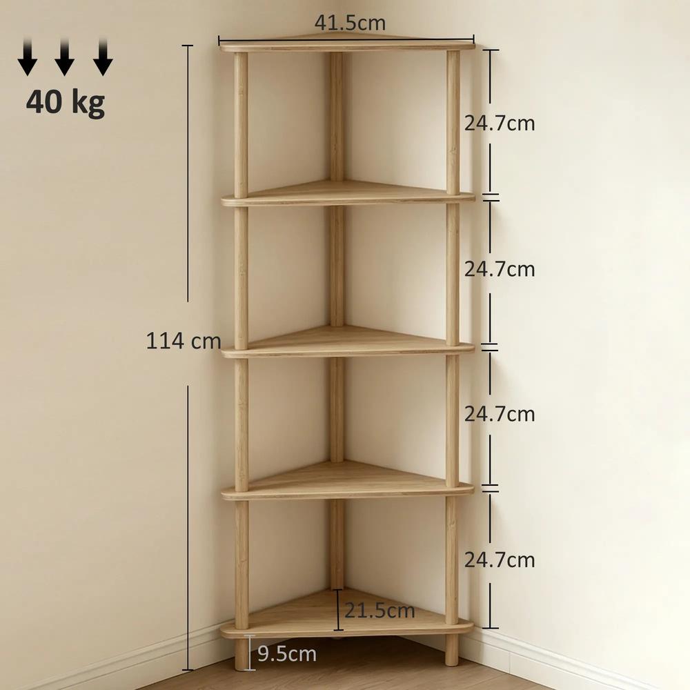 HOMCOM Bamboo Storage Shelf, 5-tier Corner Shelf, Freestanding Shelving Unit for Living Room, Home Office, Natural Wood Finish Additional View 3