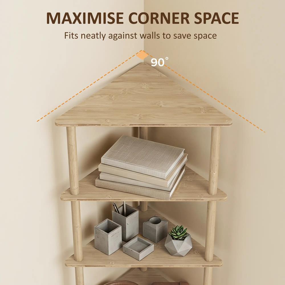 HOMCOM Bamboo Storage Shelf, 5-tier Corner Shelf, Freestanding Shelving Unit for Living Room, Home Office, Natural Wood Finish Additional View 4