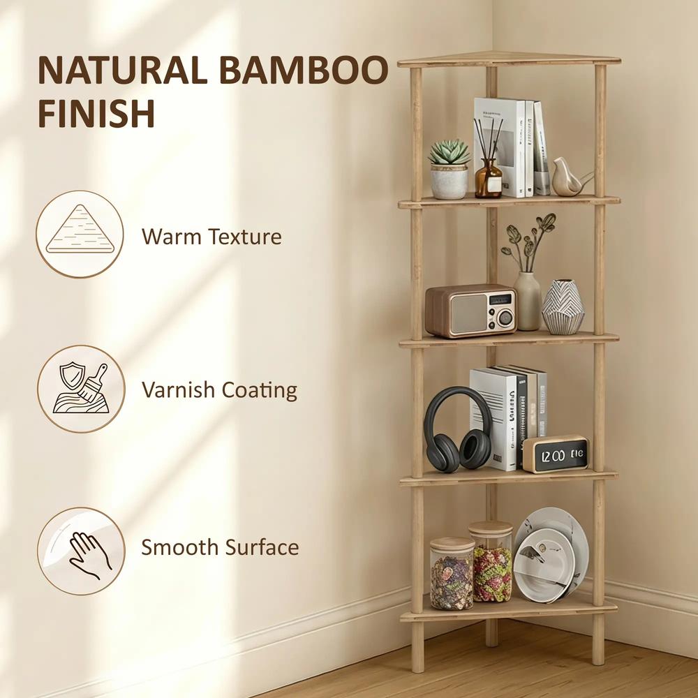 HOMCOM Bamboo Storage Shelf, 5-tier Corner Shelf, Freestanding Shelving Unit for Living Room, Home Office, Natural Wood Finish Additional View 6