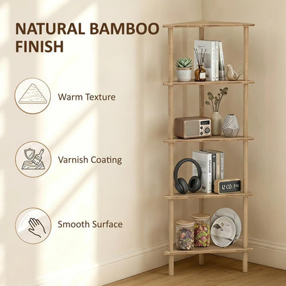 HOMCOM Bamboo Storage Shelf, 5-tier Corner Shelf, Freestanding Shelving Unit for Living Room, Home Office, Natural Wood Finish Additional View 6