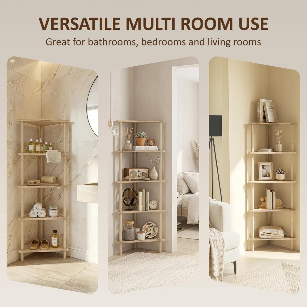 HOMCOM Bamboo Storage Shelf, 5-tier Corner Shelf, Freestanding Shelving Unit for Living Room, Home Office, Natural Wood Finish Additional View 7
