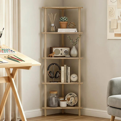 HOMCOM Bamboo Storage Shelf, 5-tier Corner Shelf, Freestanding Shelving Unit for Living Room, Home Office, Natural Wood Finish Additional View 9