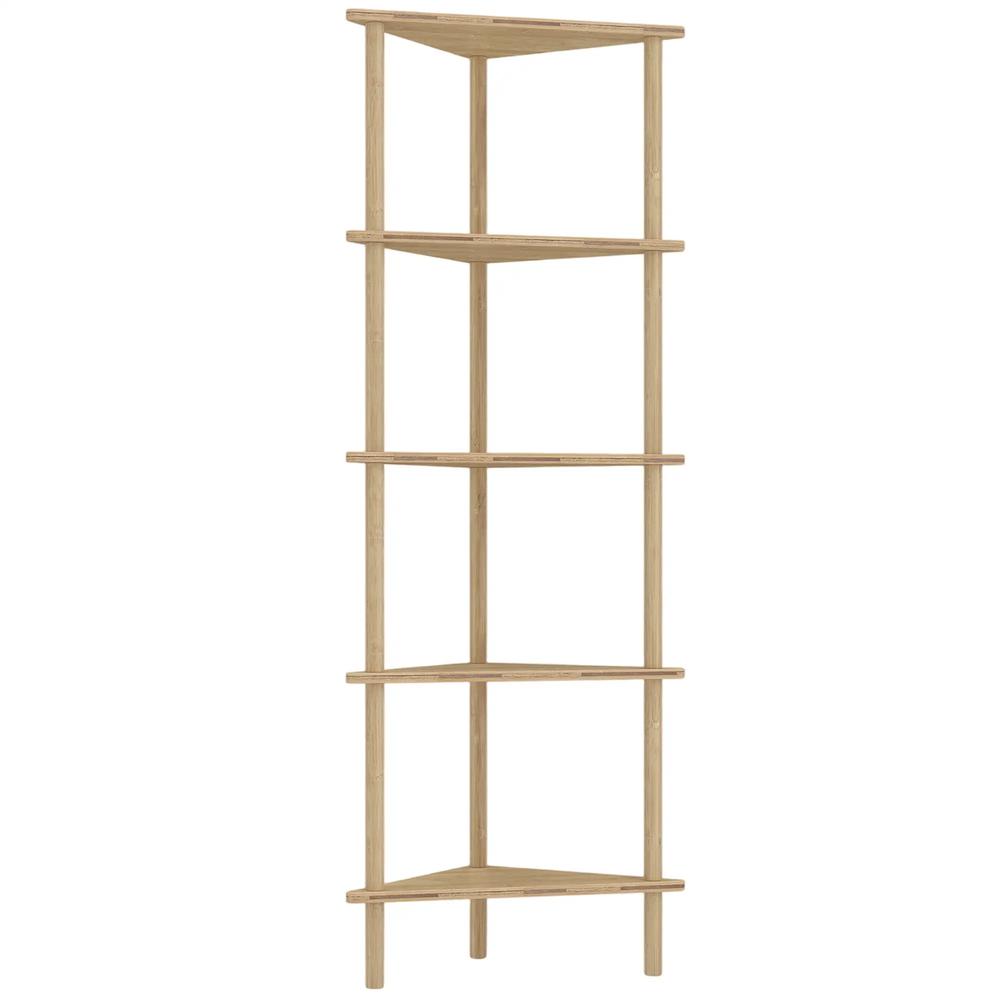 HOMCOM Bamboo Storage Shelf, 5-tier Corner Shelf, Freestanding Shelving Unit for Living Room, Home Office, Natural Wood Finish