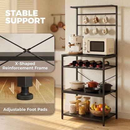 HOMCOM Freestanding Shelving Unit, Industrial Storage Shelf with 6 Hooks and Wine Rack for Living Room, Home Office Additional View 19