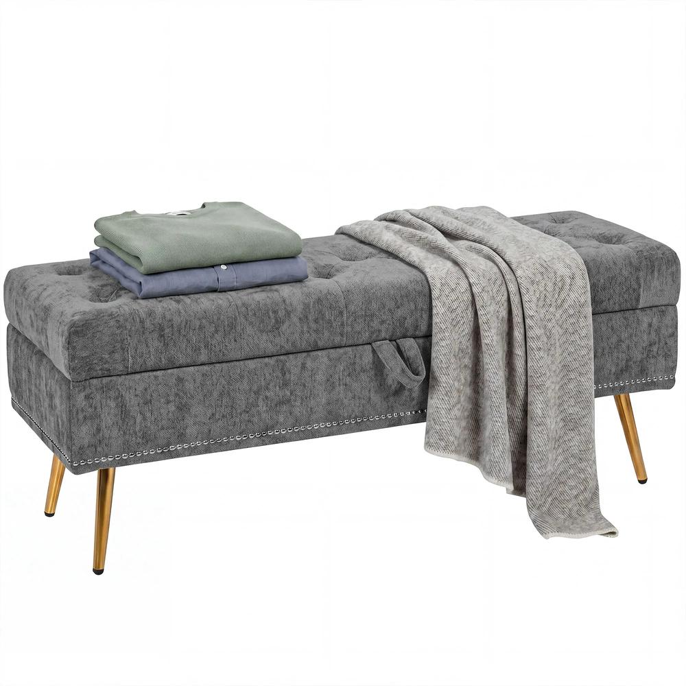 HOMCOM Storage Ottoman, Chenille Upholstered Ottoman Storage Box with Padded Seat, Metal Legs, 114 x 41 x 45 cm Additional View 15