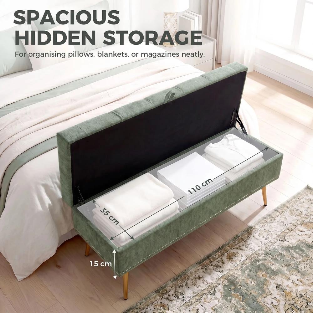 HOMCOM Storage Ottoman, Chenille Upholstered Ottoman Storage Box with Padded Seat, Metal Legs, 114 x 41 x 45 cm Additional View 19