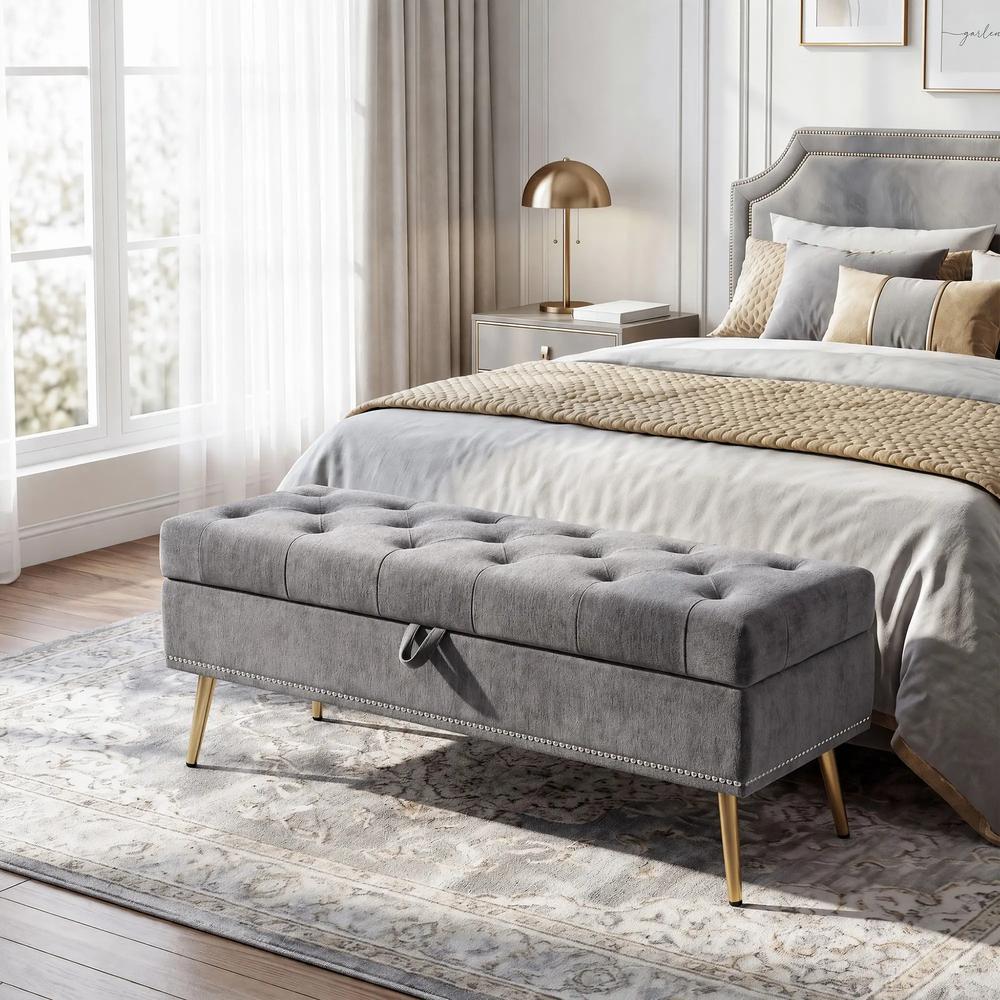 HOMCOM Storage Ottoman, Chenille Upholstered Ottoman Storage Box with Padded Seat, Metal Legs, 114 x 41 x 45 cm Additional View 2