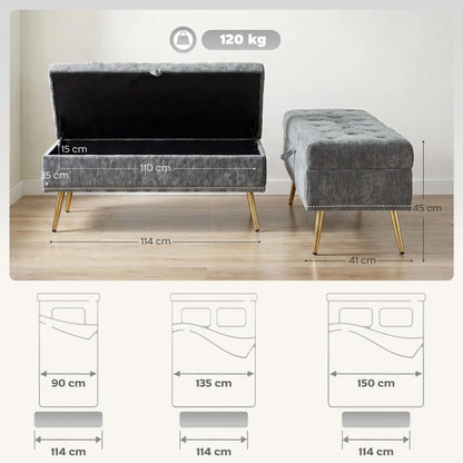 HOMCOM Storage Ottoman, Chenille Upholstered Ottoman Storage Box with Padded Seat, Metal Legs, 114 x 41 x 45 cm Additional View 3