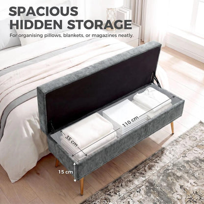 HOMCOM Storage Ottoman, Chenille Upholstered Ottoman Storage Box with Padded Seat, Metal Legs, 114 x 41 x 45 cm Additional View 4