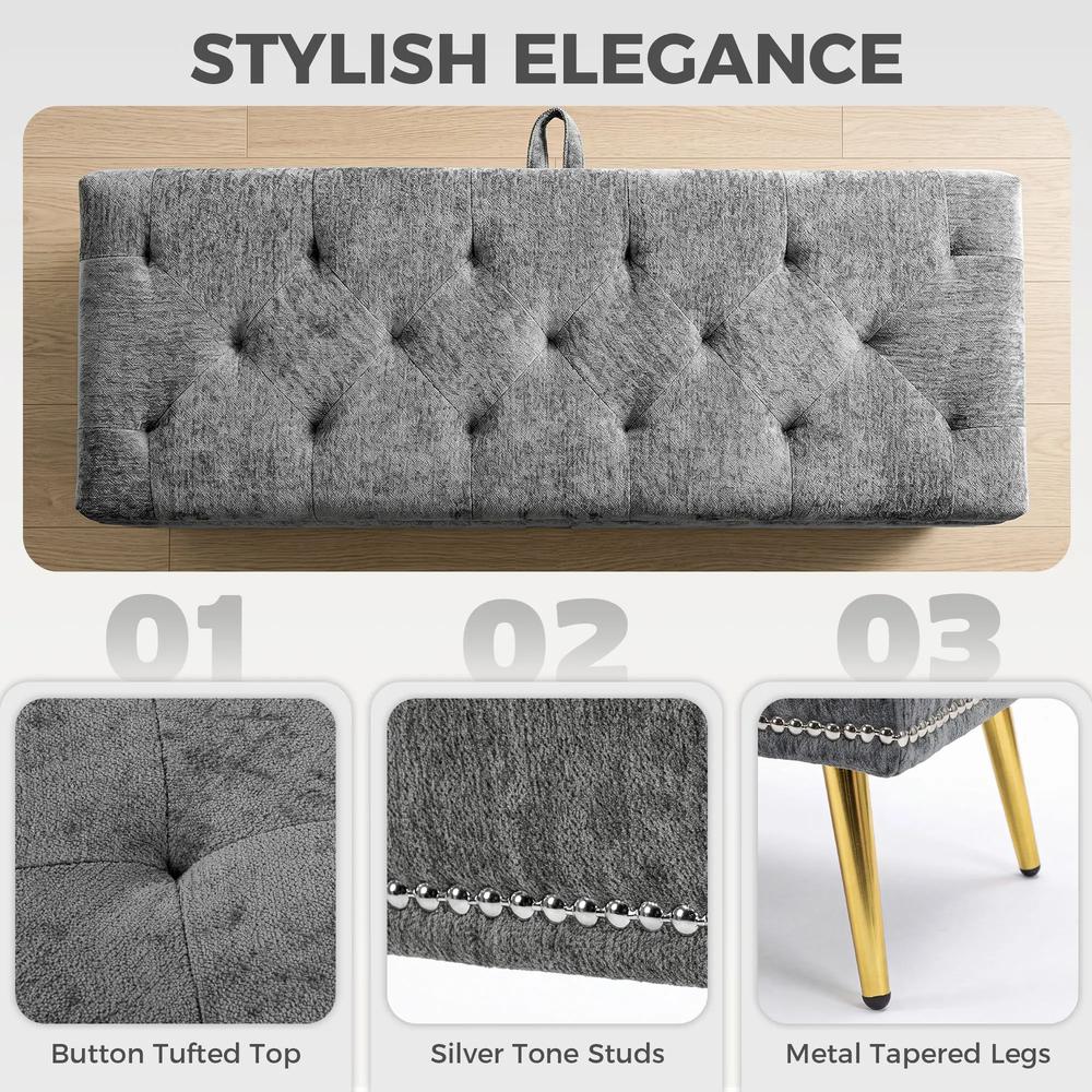 HOMCOM Storage Ottoman, Chenille Upholstered Ottoman Storage Box with Padded Seat, Metal Legs, 114 x 41 x 45 cm Additional View 6
