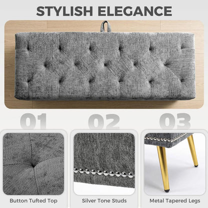 HOMCOM Storage Ottoman, Chenille Upholstered Ottoman Storage Box with Padded Seat, Metal Legs, 114 x 41 x 45 cm Additional View 6