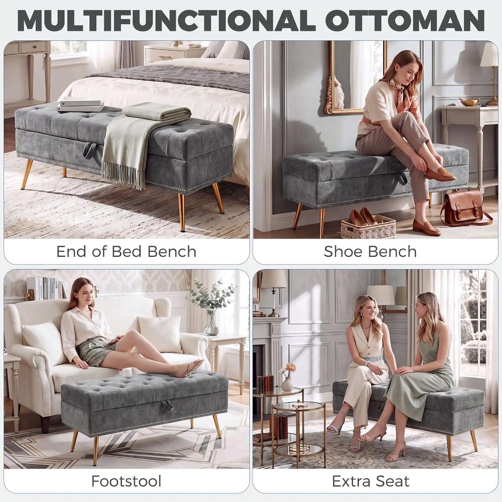 HOMCOM Storage Ottoman, Chenille Upholstered Ottoman Storage Box with Padded Seat, Metal Legs, 114 x 41 x 45 cm Additional View 7