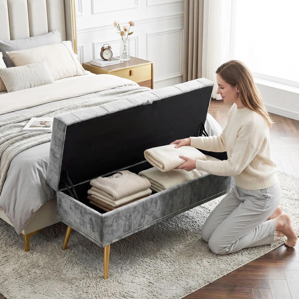 HOMCOM Storage Ottoman, Chenille Upholstered Ottoman Storage Box with Padded Seat, Metal Legs, 114 x 41 x 45 cm Additional View 8