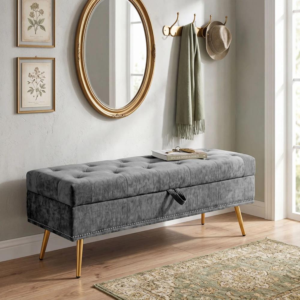 HOMCOM Storage Ottoman, Chenille Upholstered Ottoman Storage Box with Padded Seat, Metal Legs, 114 x 41 x 45 cm Additional View 9