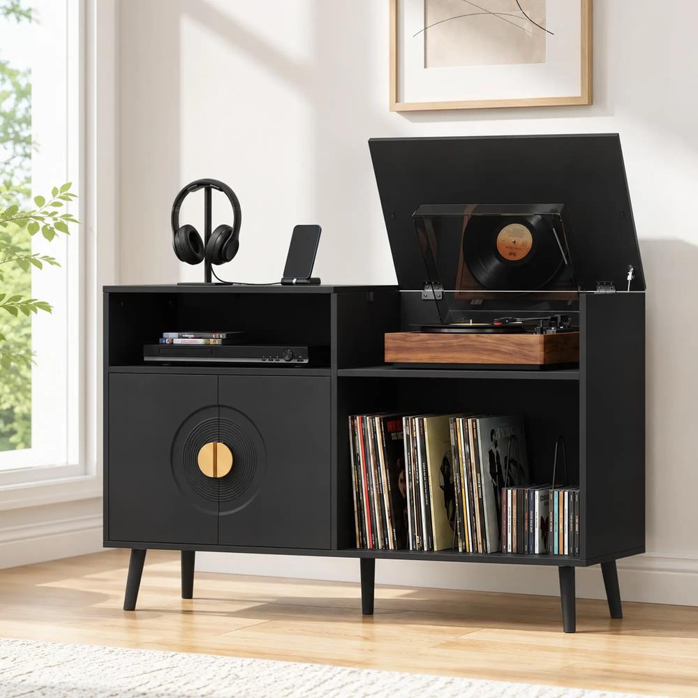 HOMCOM Record Player Stand, Vinyl Record Holder with Storage Holds Up to 300 Albums with Flip-Top Compartment Additional View 14