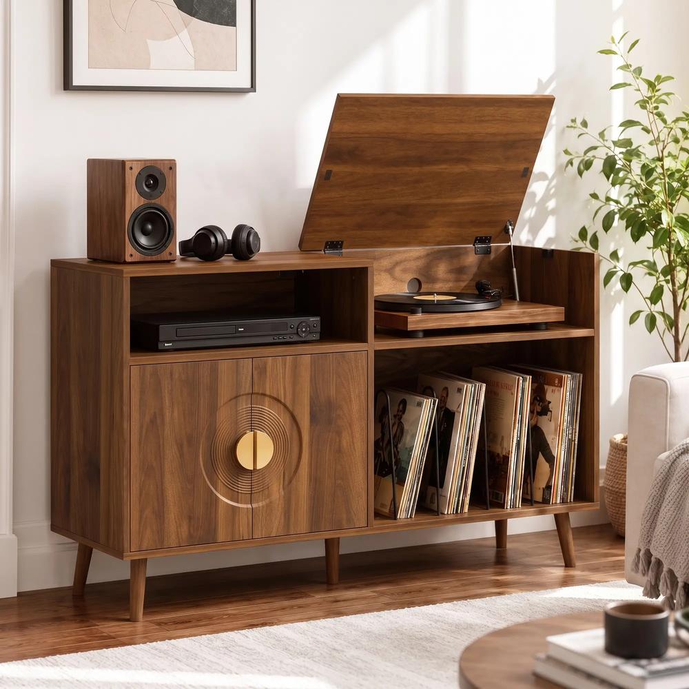 HOMCOM Record Player Stand, Vinyl Record Holder with Storage Holds Up to 300 Albums with Flip-Top Compartment Additional View 17