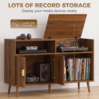 HOMCOM Record Player Stand, Vinyl Record Holder with Storage Holds Up to 300 Albums with Flip-Top Compartment Additional View 19