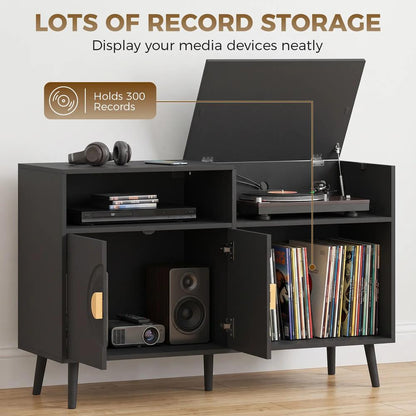 HOMCOM Record Player Stand, Vinyl Record Holder with Storage Holds Up to 300 Albums with Flip-Top Compartment Additional View 4