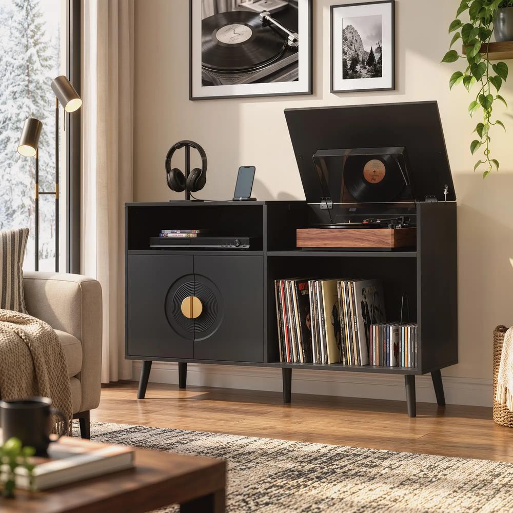 HOMCOM Record Player Stand, Vinyl Record Holder with Storage Holds Up to 300 Albums with Flip-Top Compartment Additional View 8