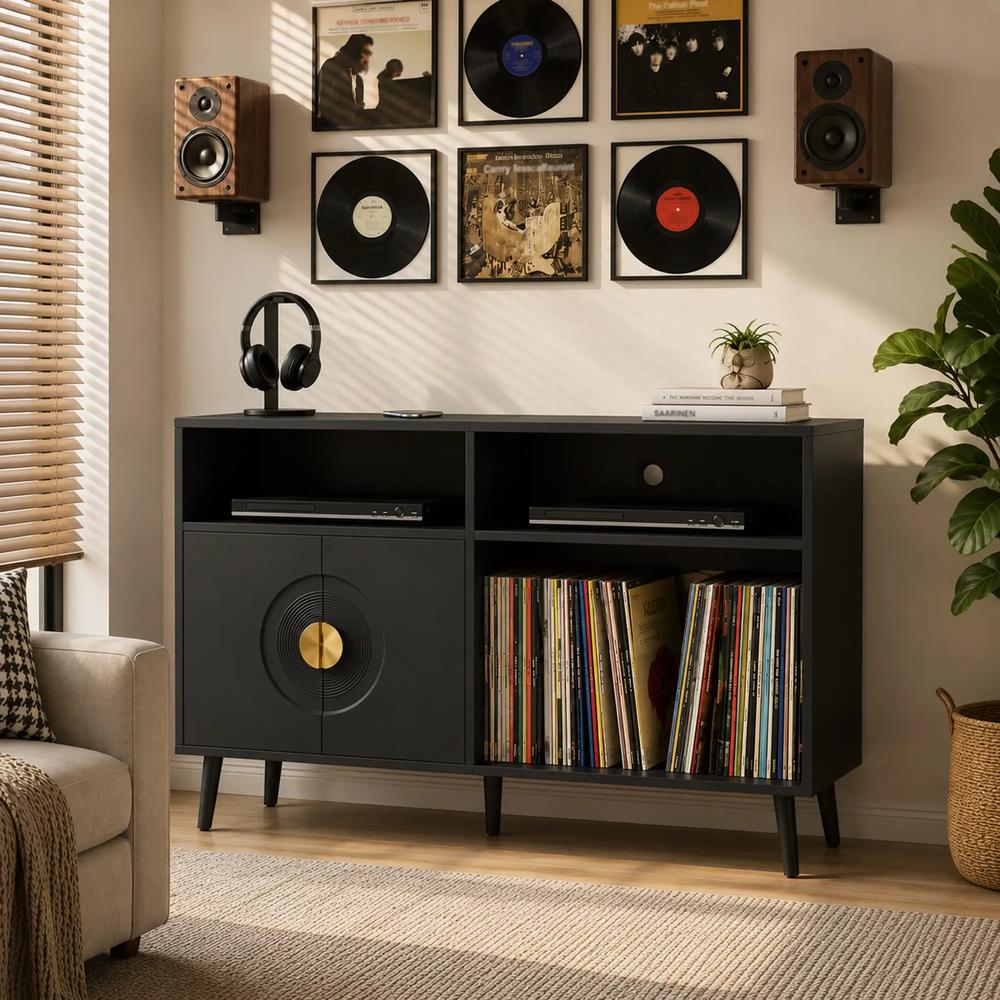 HOMCOM Record Player Stand, Vinyl Record Holder with Storage Holds Up to 300 Albums with Flip-Top Compartment Additional View 9