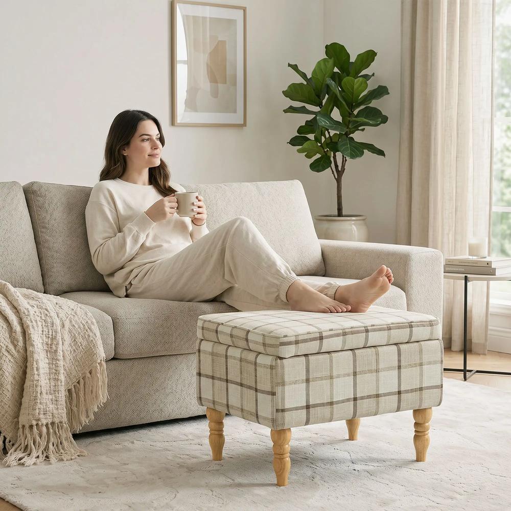 HOMCOM Linen Fabric Upholstered Footstool, Rectangular Storage Stool with Removable Top, Padded Seat and Hidden Space Additional View 2