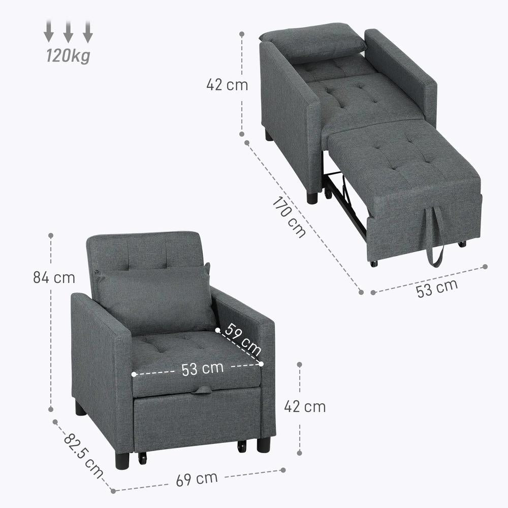 HOMCOM 3-In-1 Chair Bed, Convertible Sleeper Chair with Adjustable Backrest, Pillow and Footrest for Living Room, Dark Grey Additional View 3