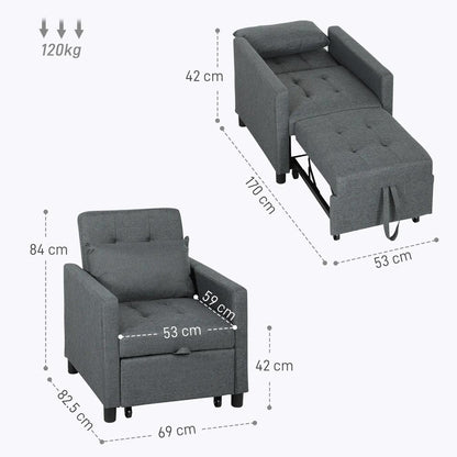 HOMCOM 3-In-1 Chair Bed, Convertible Sleeper Chair with Adjustable Backrest, Pillow and Footrest for Living Room, Dark Grey Additional View 3