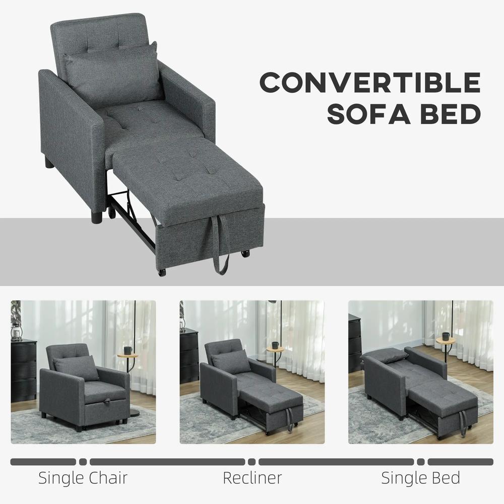 HOMCOM 3-In-1 Chair Bed, Convertible Sleeper Chair with Adjustable Backrest, Pillow and Footrest for Living Room, Dark Grey Additional View 4